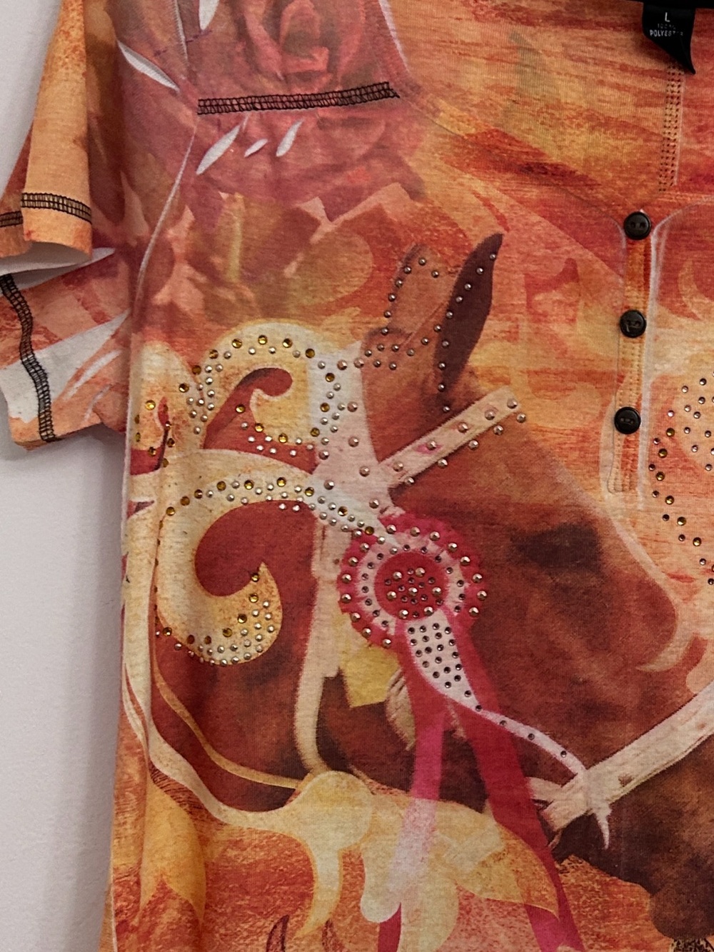 Orange Coral Top with Horse and Rhinestone Accents size L